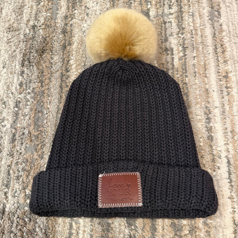 Women's Love Your Melon Pom Hat Black with Brown Label OS SKU736